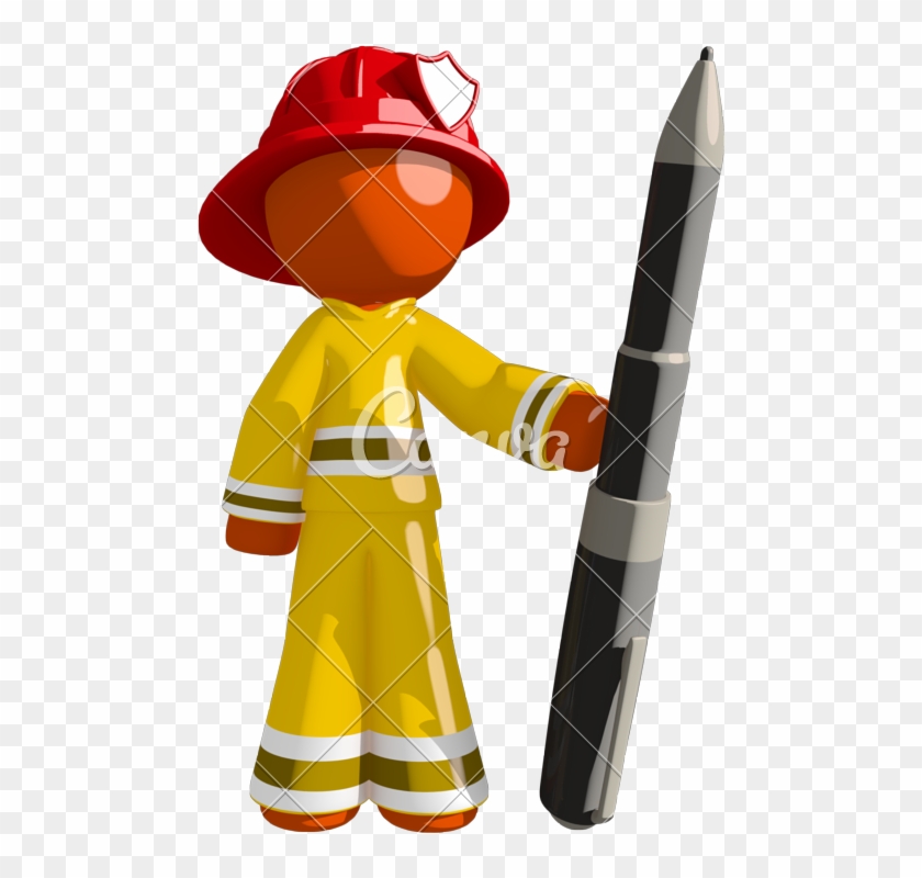 Orange Man Firefighter Holding Large Pen - Firefighter #894884