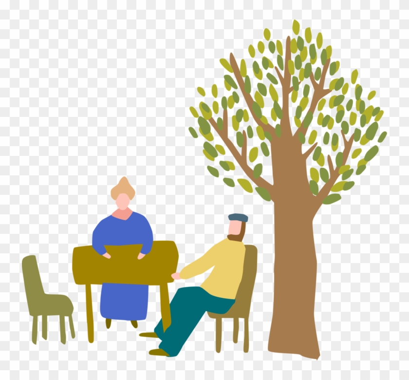 Vector Illustration Of Sitting At Table Under Tree - Sitting #897270