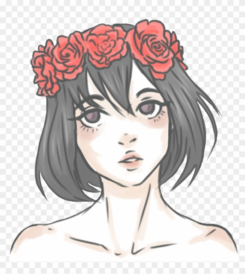 Girl Asian Anime Kawaii Flowercrown Flowers Red Roses - Girl With Flower Crown Drawing #901003
