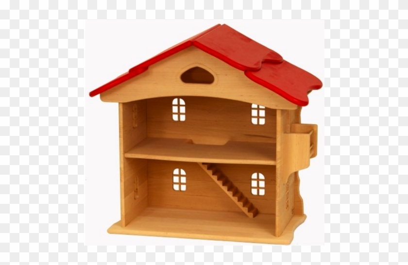 Doll House, Open & With Red Roof - Wooden Dollhouse Red Roof #903686