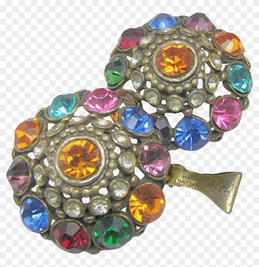 Large Jewel-tone Art Deco Rhinestone Pierced Metal - Art Deco Jewel-tone Rhinestone Earrings 'n Clip Pat.1967965 #906309