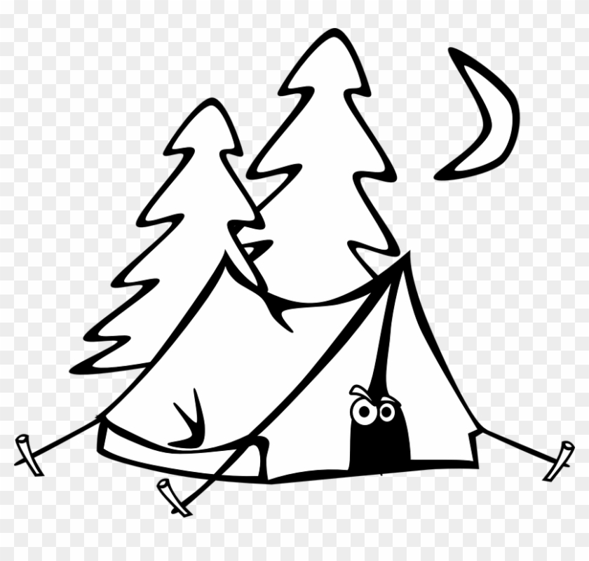 Camping Tent Eyes Trees Moon Night Cartoon - Camping Clipart Black And White #20619