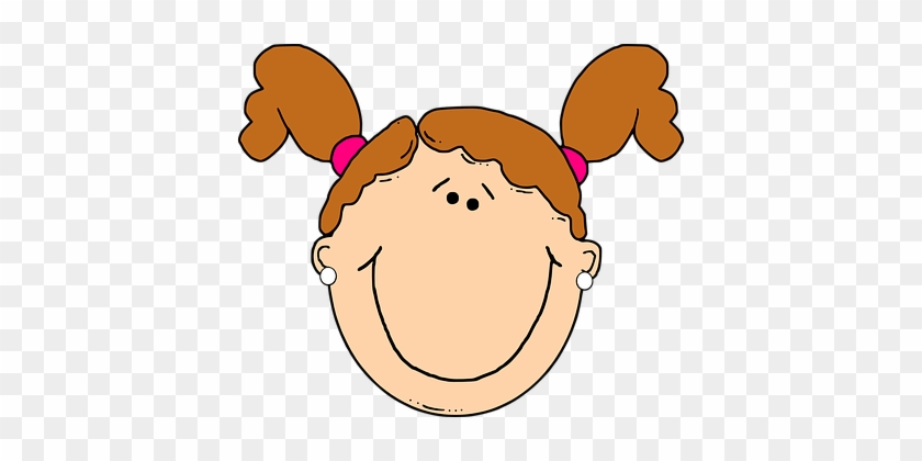 Girl, Pigtails, Earrings, Brown, Happy - Girl Face Clip Art #911990