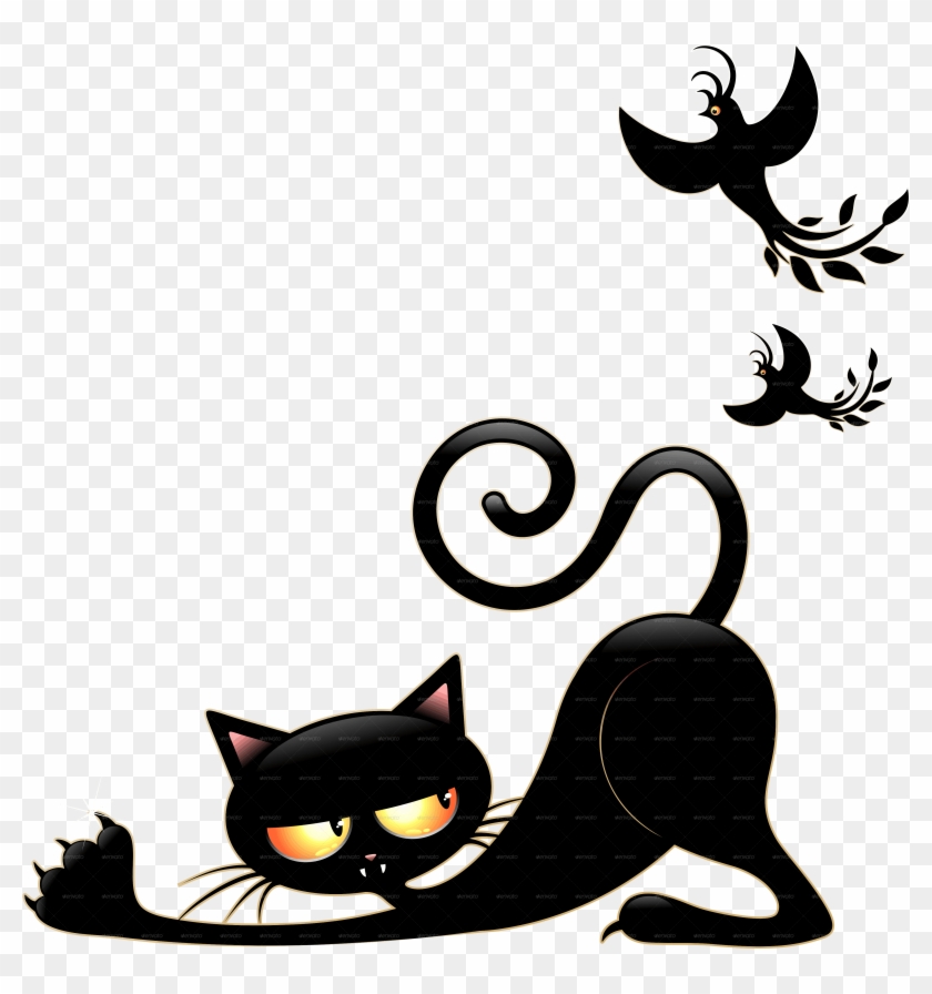 Cat Cartoon In Ambush With Mouse And Birds By Bluedarkat - Black Cat Cartoon Png #912676