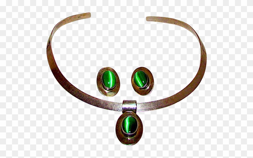 Taxco Mexican Sterling Silver Green Cat Eye Stone Earrings - Jade #913312