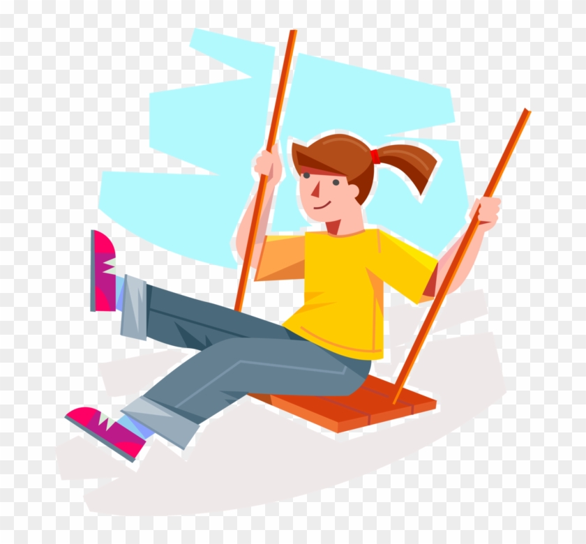 Vector Illustration Of Young Girl Swings On Playground - Illustration #914048