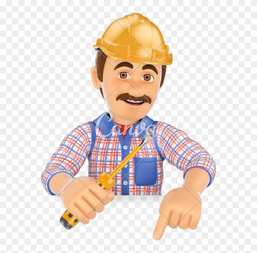 3d Electrician With A Screwdriver Pointing Down - Construction Worker With Many Tools #914760