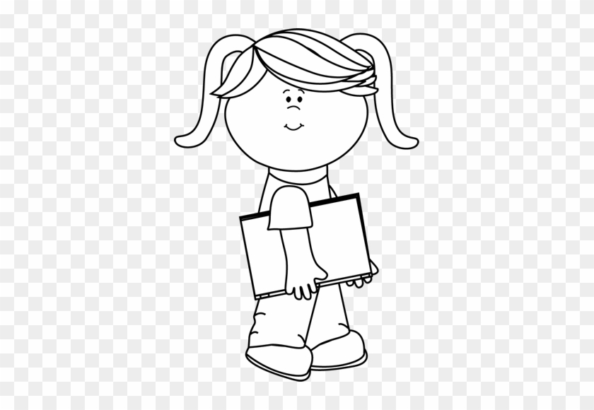 Black And White Girl Walking With A Book - Black And White Girl Clip Art #915450