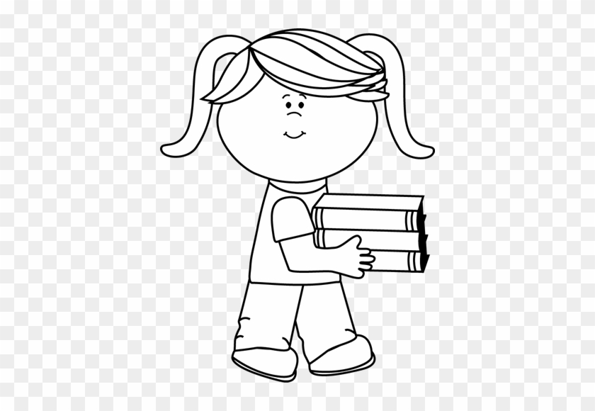 Black And White Little Girl Carrying A Stack Of Books - Bring Clipart Black And White #915451