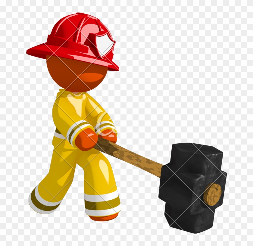 Orange Man Firefighter Hitting With Sledge Hammer - Firefighter #927391