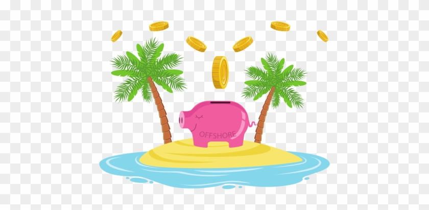Gold Coins Falling In A Piggy Bank On A Tropical Island - Bank #928031