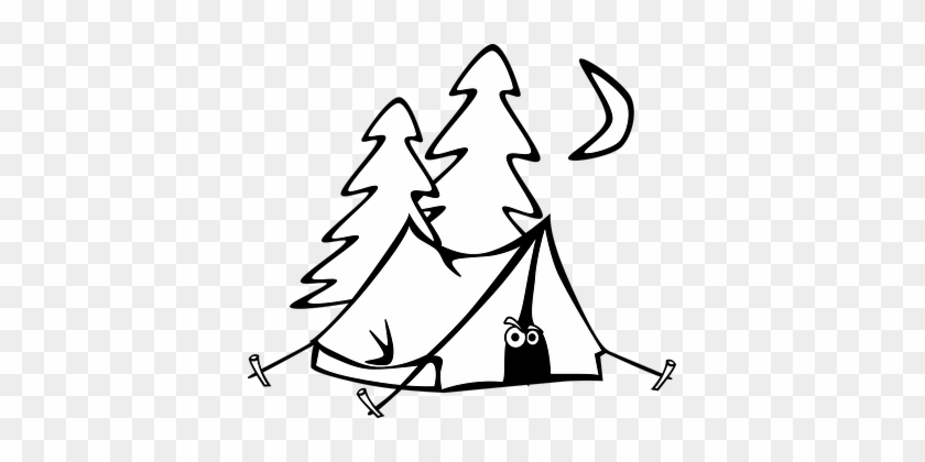 Camping Tent Eyes Trees Moon Night Cartoon - Camping Tent Clipart Black And White #931498