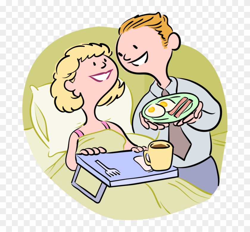 Vector Illustration Of Husband Serves Wife Bacon And - Breakfast In Bed Cartoon #933178