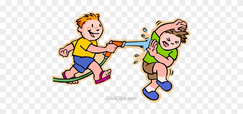 Boys Having Squirt Gun Fight Royalty Free Vector Clip - Water Gun Fight Clipart #936009