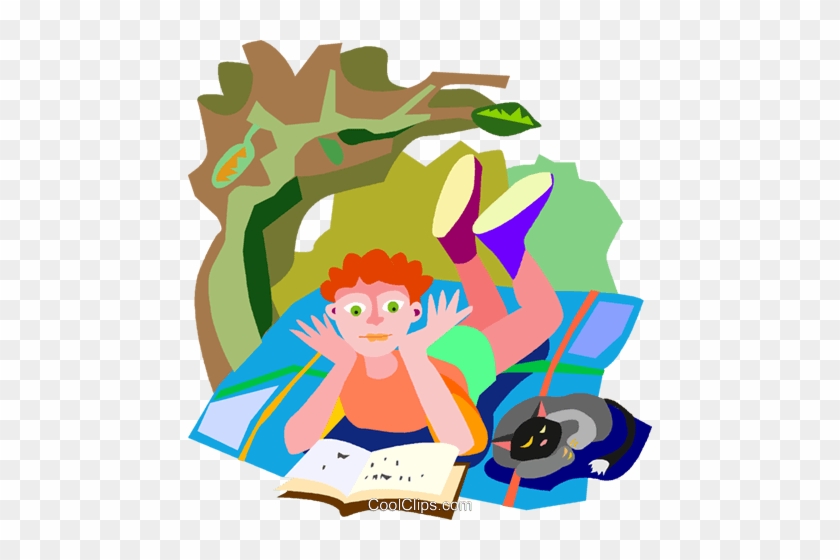 Мальчик Читает Книгу Со Своей Кошкой Роялти Бесплатно - Cartoon #937820