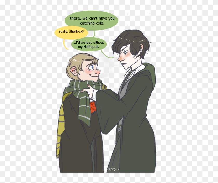 Sharing Scarves Is Cute By *lycorise On Deviantart - Hufflepuff And Slytherin Couple #941212