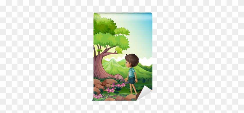 A Boy Near The Giant Tree In The Forest Wall Mural - Safari Dieren Boom Muurstickers #943245