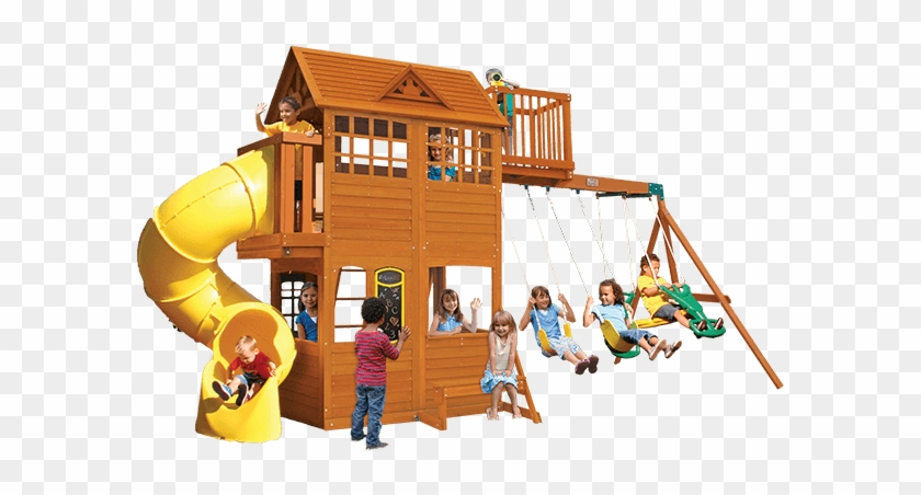 Fancy Cedar Summit Playset Made Of Wood In Double Tier - Selwood Abbey Climbing Frame With Swings, Slide #944177