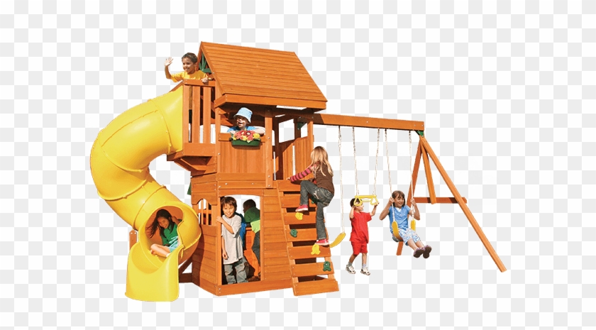 Fancy Cedar Summit Playset Made Of Wood In Double Tier - Grandview Deluxe Cedar Wooden Playset #944184