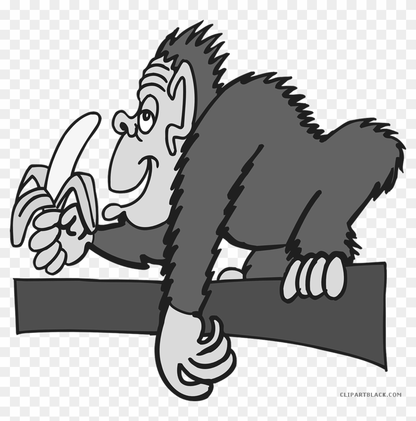 Monkey With Banana Animal Free Black White Clipart - Gorilla Eats Banana Cartoon #947543