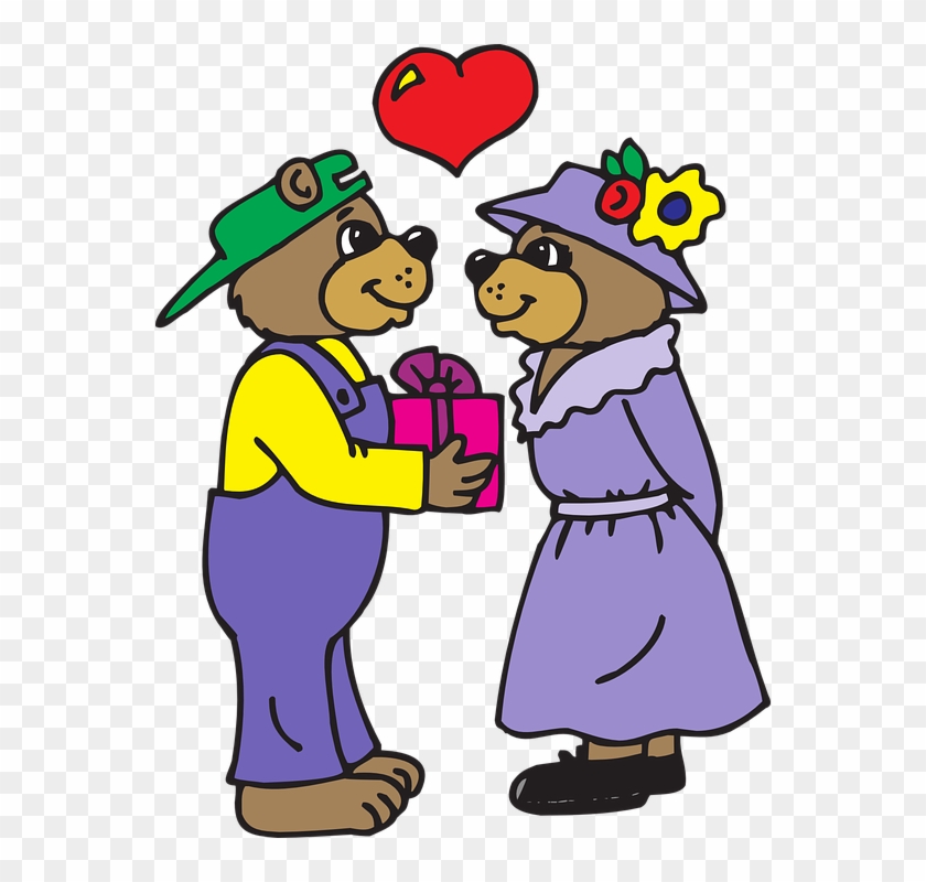 Romance Cartoon, Heart, Love, Gift, Bear, Bears, Romance - Giving A Gift Clipart #947891