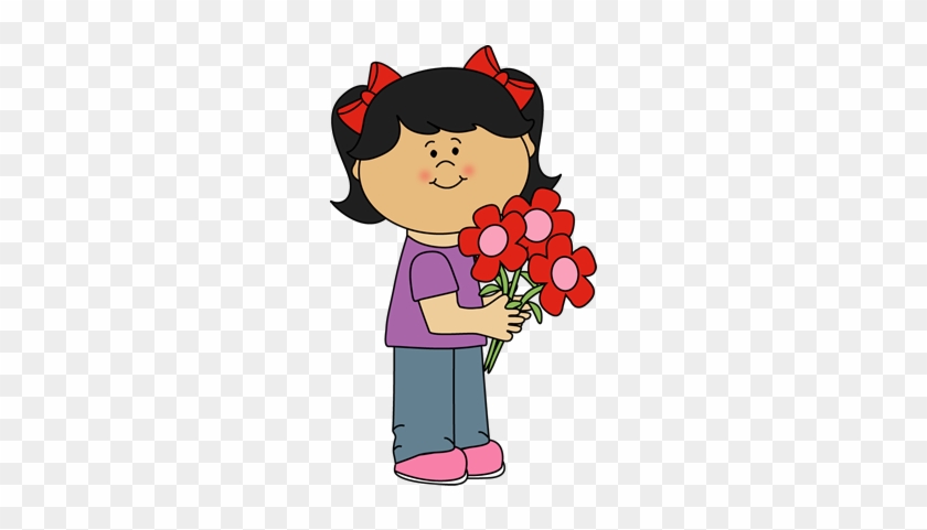 Clipart Girl With Flowers Holding Valentine S Day Clip - Girl With Flowers Clipart #173208
