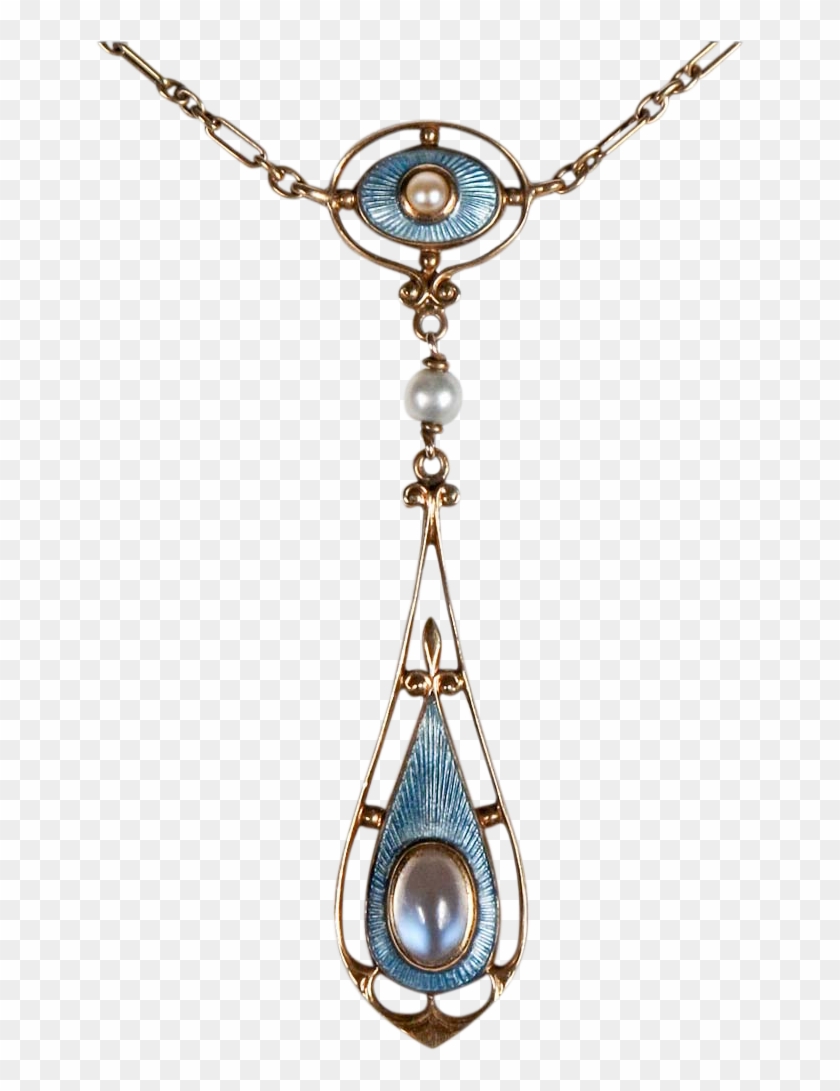 Antique 14k Gold Lavalier Necklace With Moonstone Cabochon, - Jewellery #952757