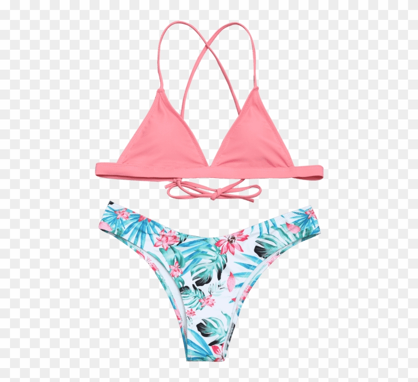 Zaful Women Cross Back Bikini Top With Leaf Print Bottoms - Bikini #954662