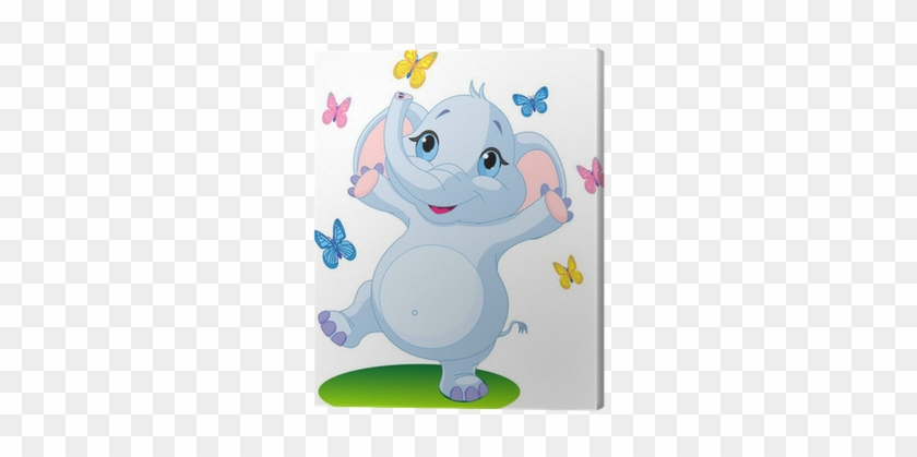 Baby Elephant Dancing With Butterflies Canvas Print - Cute Baby Elephant Cartoon #954864