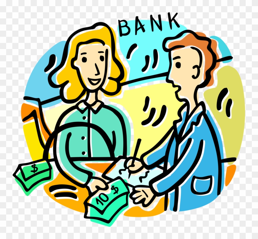 Vector Illustration Of Bank Teller And Customer Withdrawing - Deposit Money Clip Art #960542