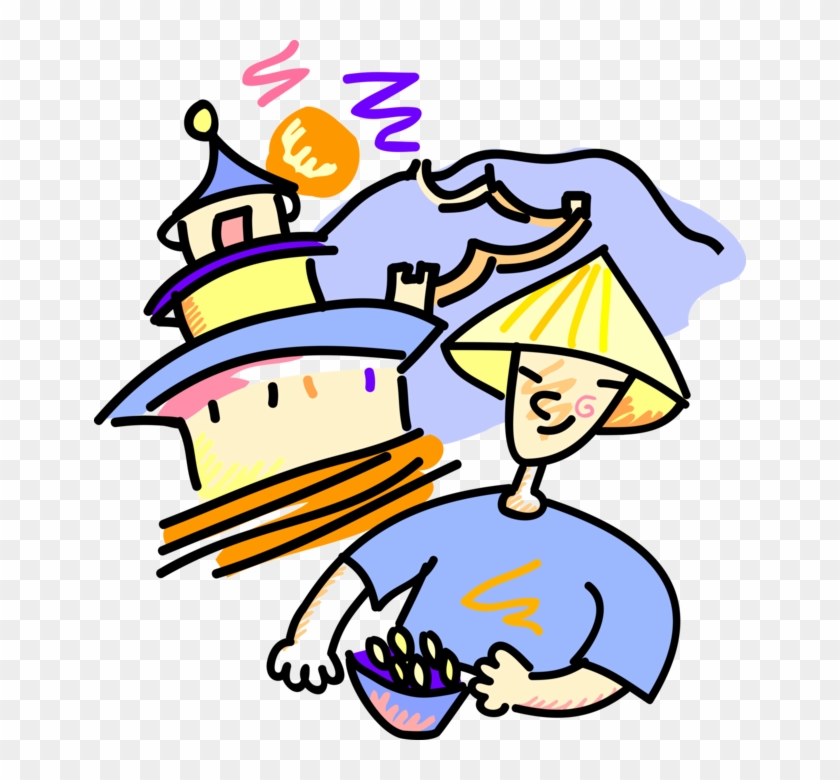 Vector Illustration Of Chinese Peasant Eating Rice - Great Wall Of China Clipart #962465