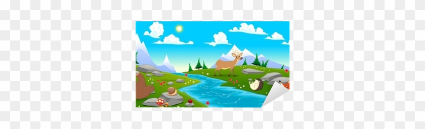 Mountain Landscape With River And Animals Sticker • - Cartoon River And Animals #964553