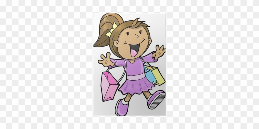 Happy Cute Shopping Girl Vector Illustration Poster - Vector Graphics #966407