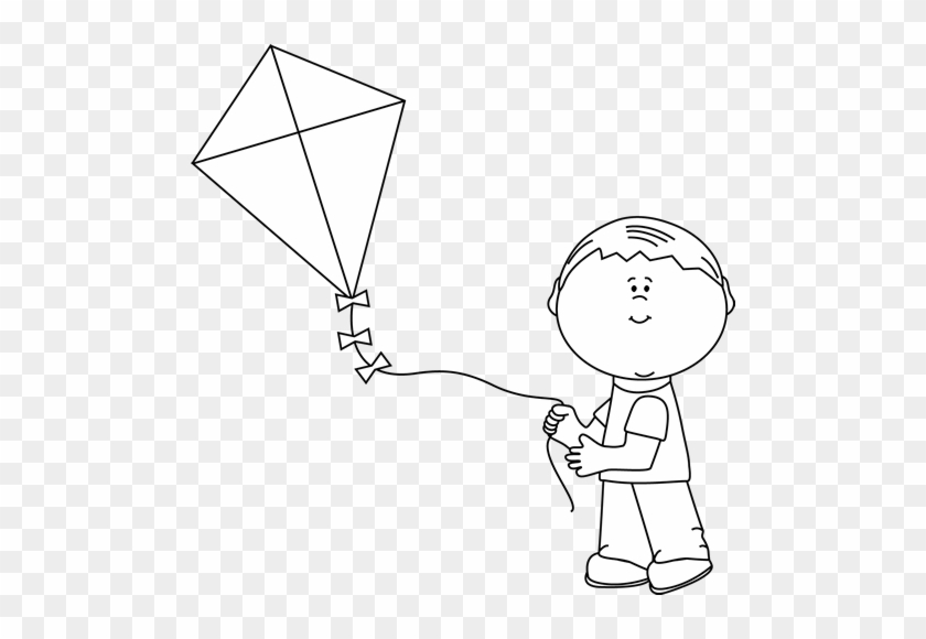 Black And White Boy Flying A Kite - Boy Flying A Kite Clipart Black And White #970475