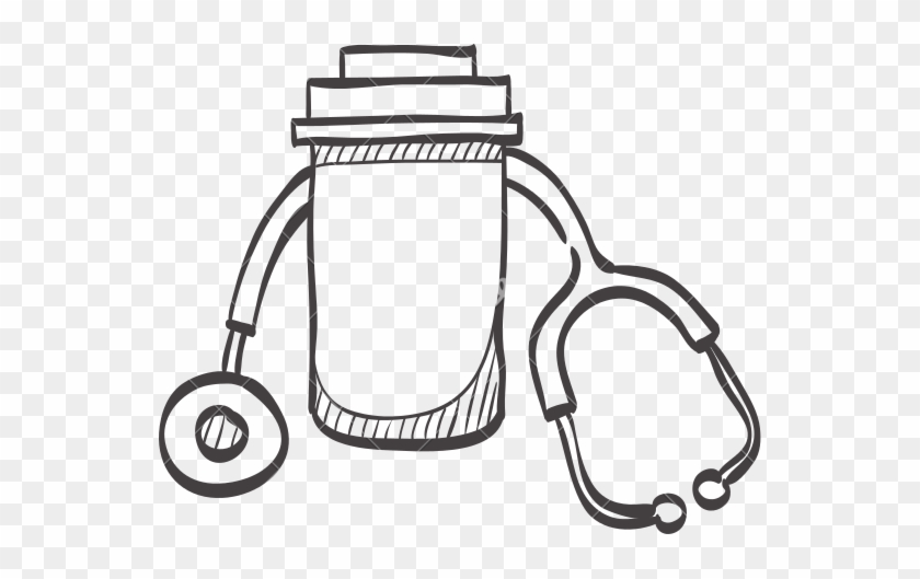 Sketch Icon Of A Pills Bottle And Stethoscope - Medicine #975878