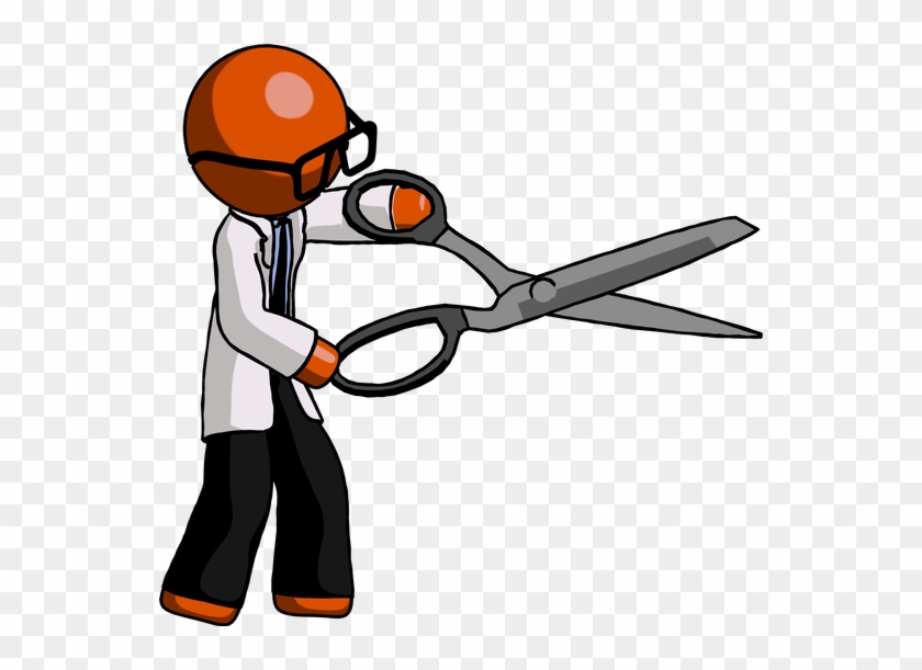 Orange Doctor Scientist Man Holding Giant Scissors - Clip Art #981528