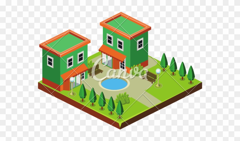 Isometric Modern House With Backyard - Vector Graphics #984943