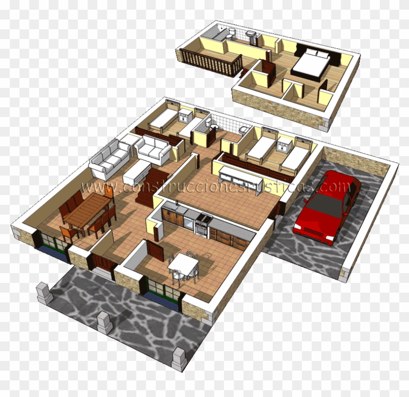 3d De Distribución Interior De Casa Rústica De Piedra - Planos De Casas Pequeñas Modernas De Un Piso #985229