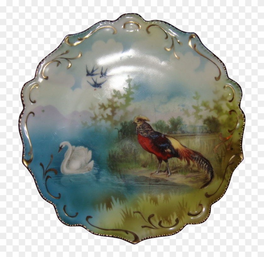 Scarce Rs Prussia Triple Scene Pheasant Swan Bluebirds - Porcelain #987066