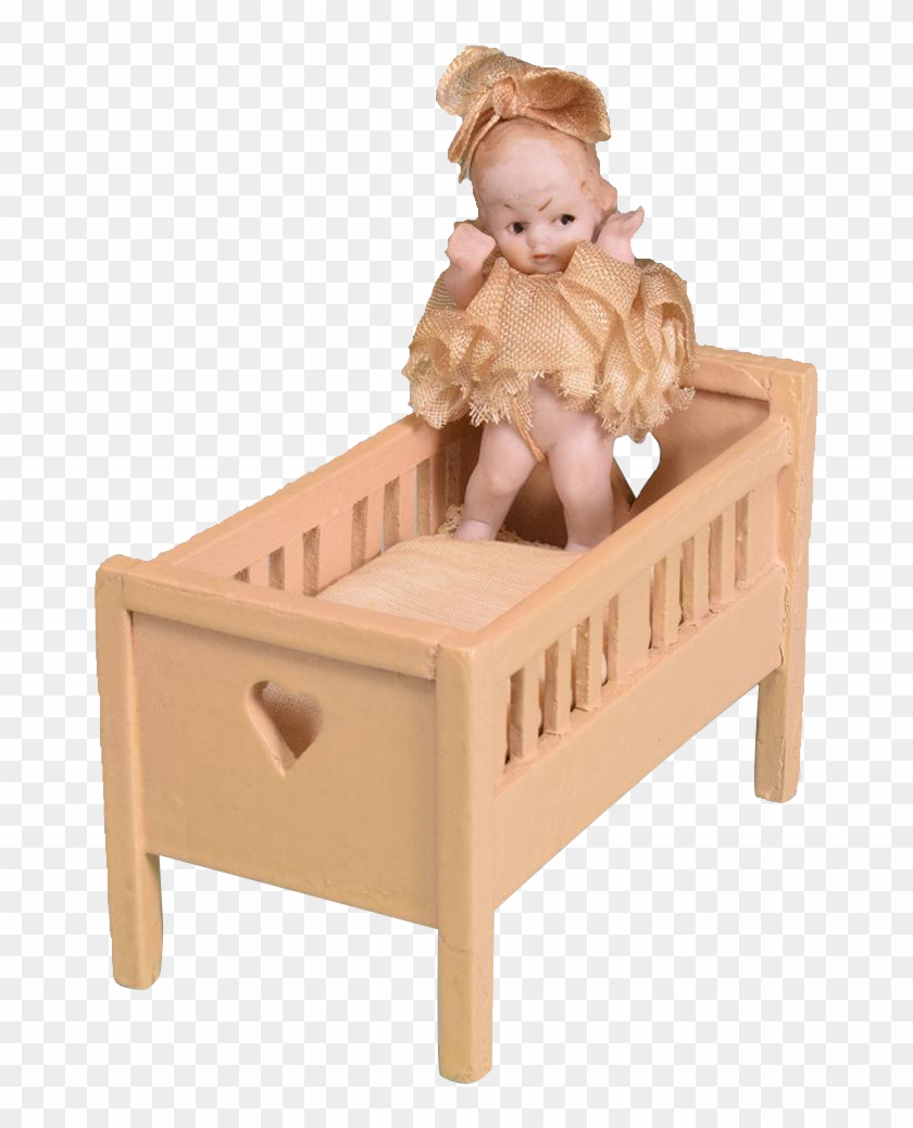 Dollhouse Wooden Crib With German Hertwig All Bisque - Cradle #987233