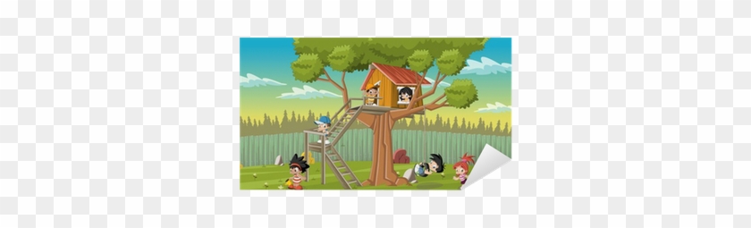Cute Happy Cartoon Kids Playing In House Tree On The - Backyard Cartoon Cute #987249