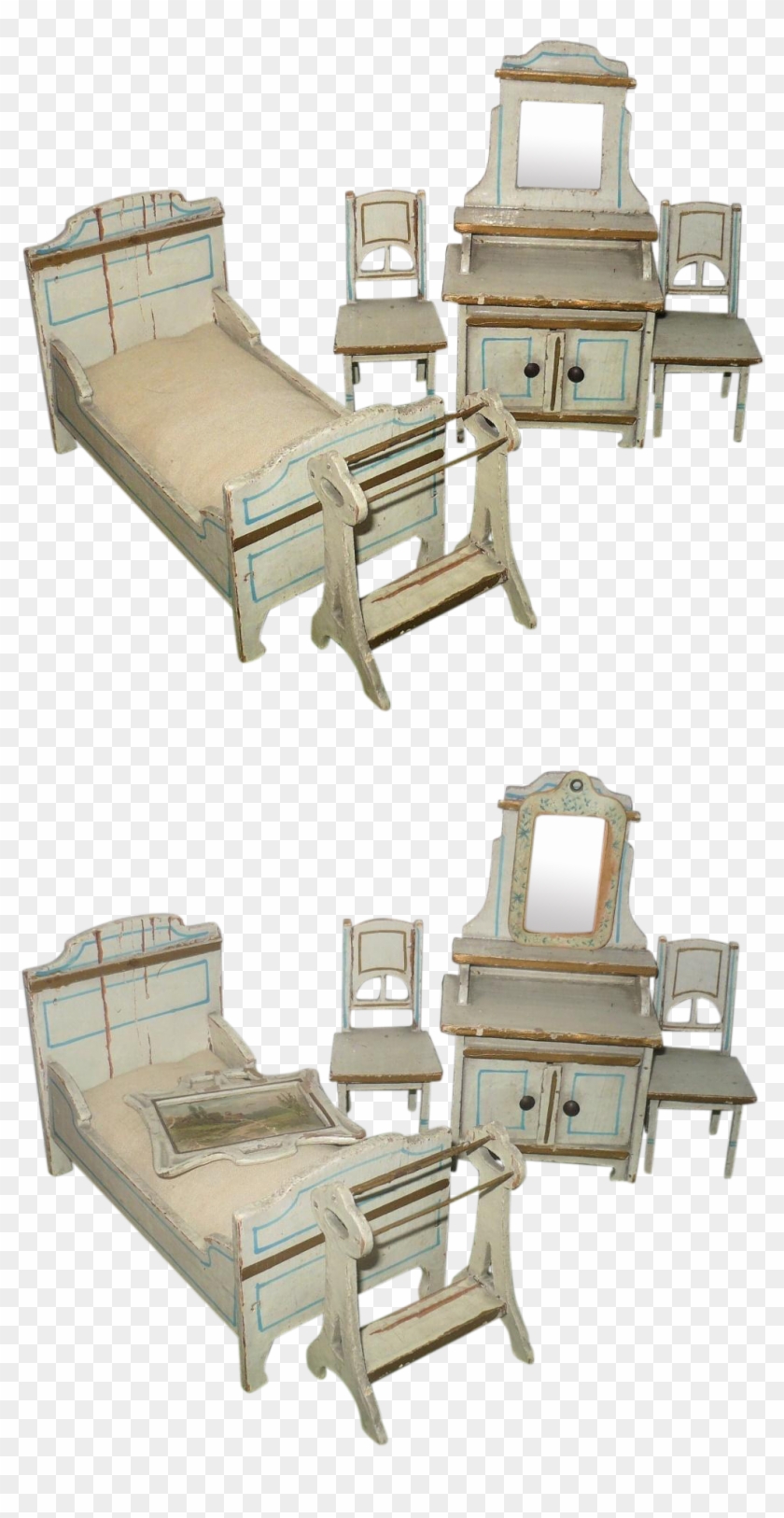 7 Pieces Art Nouveau German Cream Painted Wood Doll - Barber Chair #987287