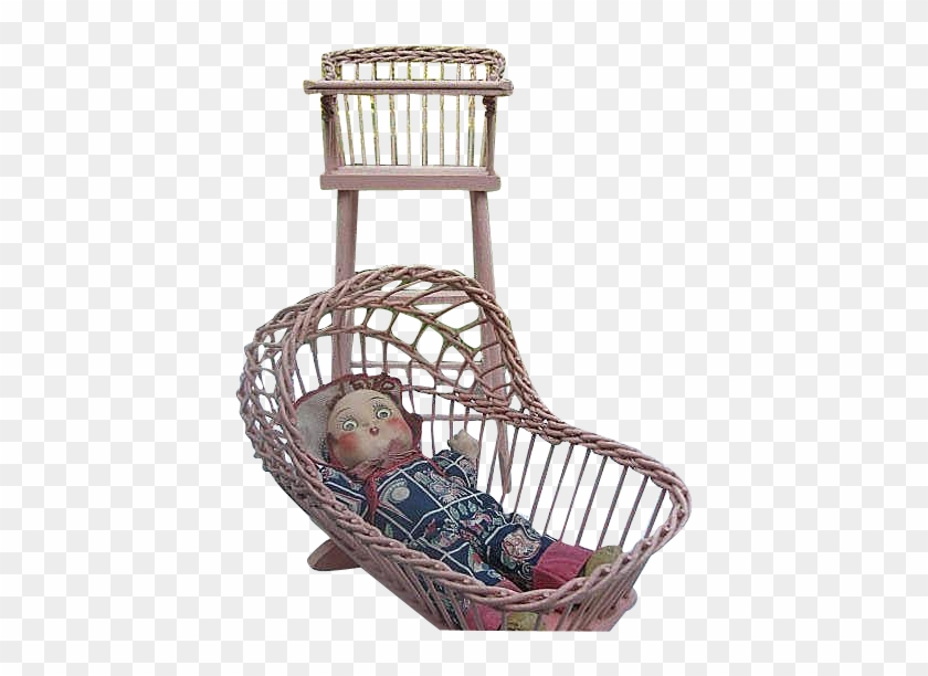 Vintage Pink Wooden Wicker Doll High-chair And Cradle - Wicker #987290