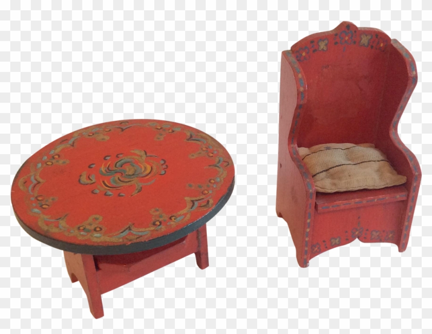 2 Painted Wood Antique Dollhouse Doll Furniture Chair - Coffee Table #987329