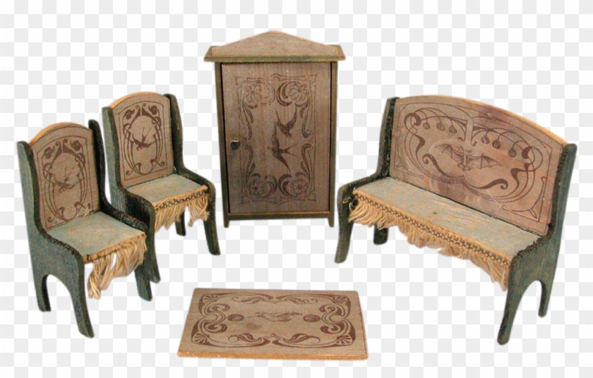 Sweet Antique German Wooden Dollhouse Stenciled Parlor - Throne #987386