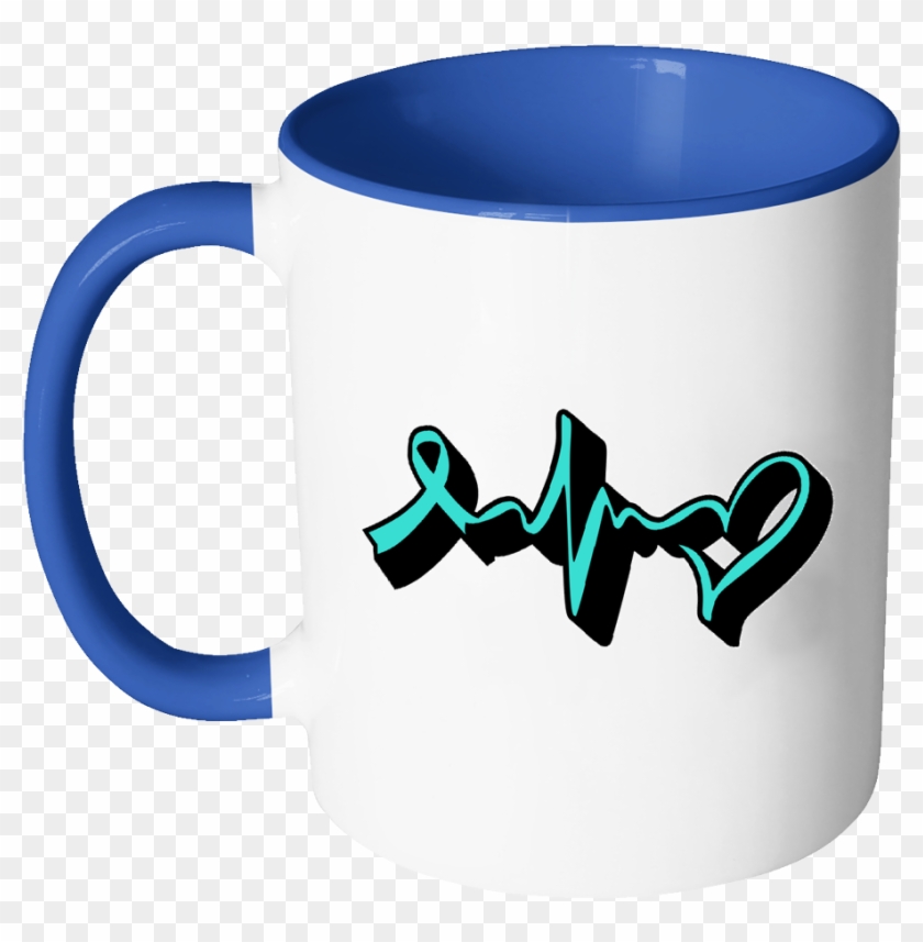 Teal Ribbon Heart Rate Pulse Monitor Ovarian Cancer - Mug #990129