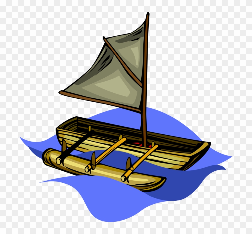 Vector Illustration Of Canoe Watercraft Boat With Sail - Canoe #990207