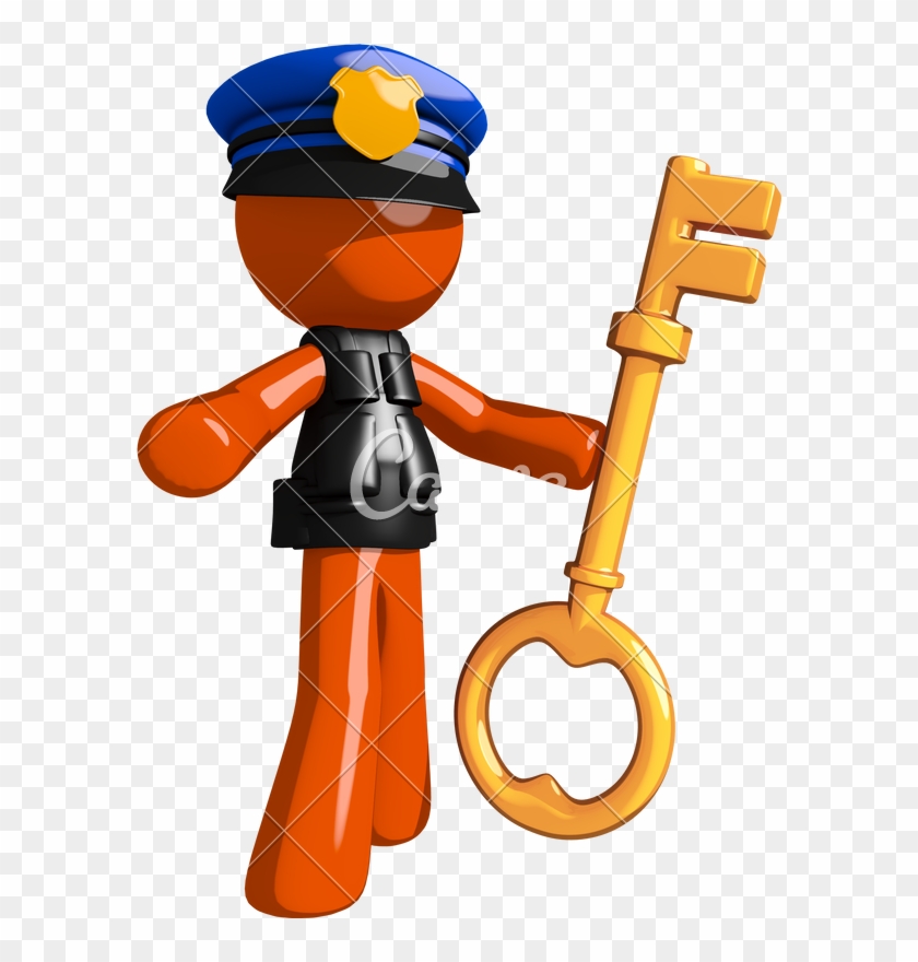 Orange Man Police Officer Holding Key - Cartoon #992861
