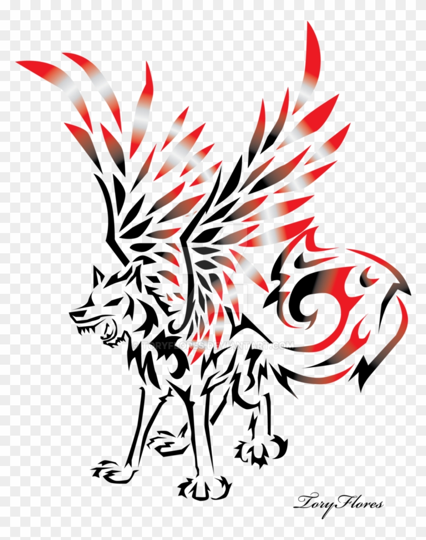 Winged Tribal Wolf By Toryflores - Tribal Winged Wolf Drawings #994350