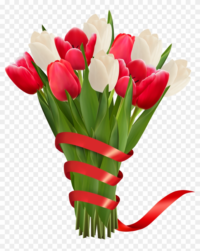 White And Red Tulips With Ribbon Png Clipart Image - Bunch Of Flowers Clipart #176047